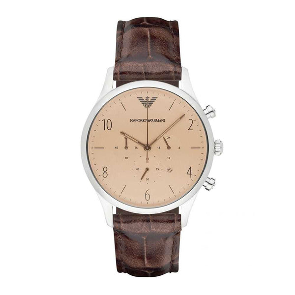 EMPORIO ARMANI CHRONOGRAPH SILVER STAINLESS STEEL AR1878 BROWN LEATHER STRAP MEN’S WATCH - H2 Hub Watches