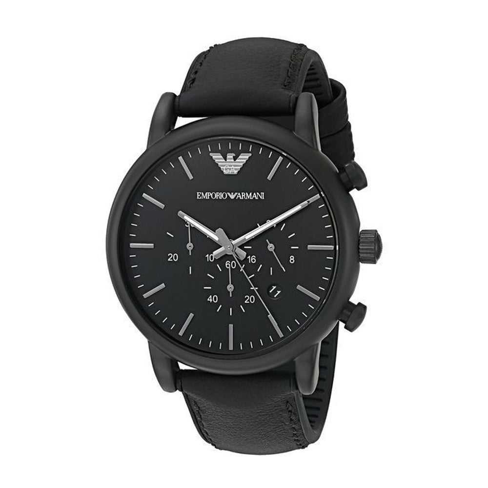 EMPORIO ARMANI CHRONOGRAPH BLACK STAINLESS STEEL AR1970 LEATHER STRAP MEN'S WATCH - H2 Hub Watches
