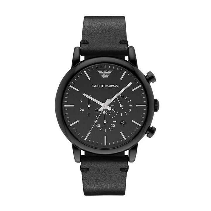 EMPORIO ARMANI CHRONOGRAPH BLACK STAINLESS STEEL AR1970 LEATHER STRAP MEN'S WATCH - H2 Hub Watches