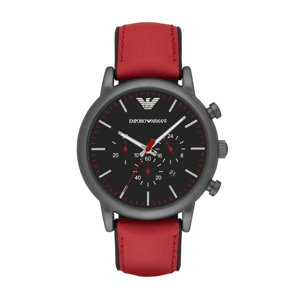 EMPORIO ARMANI CHRONOGRAPH GUNMETAL STAINLESS STEEL AR1971 RED LEATHER STRAP MEN'S WATCH - H2 Hub Watches