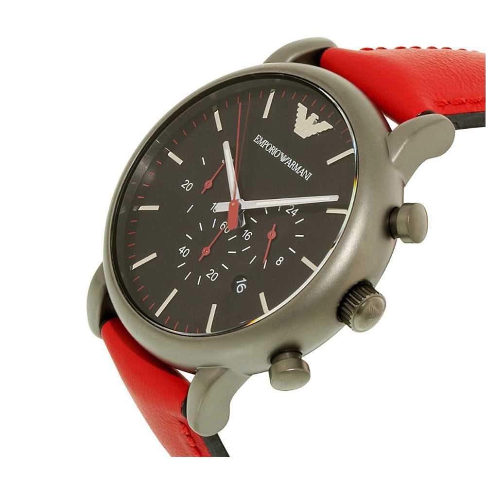 EMPORIO ARMANI CHRONOGRAPH GUNMETAL STAINLESS STEEL AR1971 RED LEATHER STRAP MEN'S WATCH - H2 Hub Watches