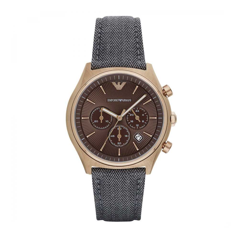 EMPORIO ARMANI CHRONOGRAPH ROSE GOLD STAINLESS STEEL AR1976 BLUE LEATHER STRAP MEN'S WATCH - H2 Hub Watches