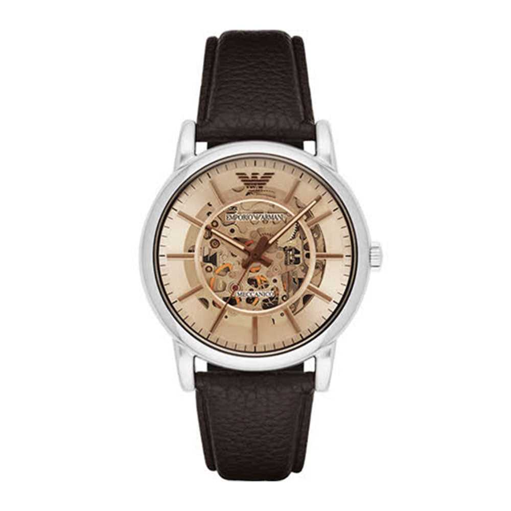 EMPORIO ARMANI LUIGI AUTOMATIC SILVER STAINLESS STEEL AR1982 BROWN LEATHER STRAP MEN’S WATCH - H2 Hub Watches