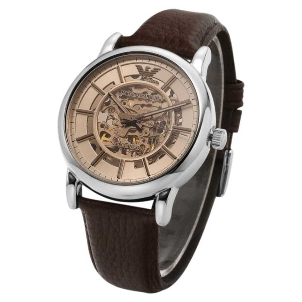 EMPORIO ARMANI LUIGI AUTOMATIC SILVER STAINLESS STEEL AR1982 BROWN LEATHER STRAP MEN’S WATCH - H2 Hub Watches