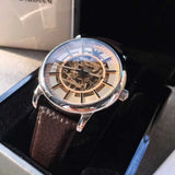 EMPORIO ARMANI LUIGI AUTOMATIC SILVER STAINLESS STEEL AR1982 BROWN LEATHER STRAP MEN’S WATCH - H2 Hub Watches