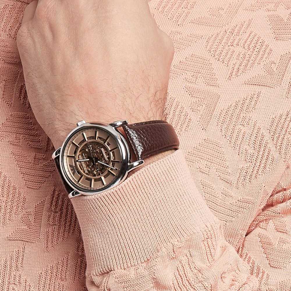 EMPORIO ARMANI LUIGI AUTOMATIC SILVER STAINLESS STEEL AR1982 BROWN LEATHER STRAP MEN’S WATCH - H2 Hub Watches