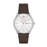 EMPORIO ARMANI ANALOG QUARTZ SILVER STAINLESS STEEL AR1999 BROWN LEATHER STRAP MEN'S WATCH - H2 Hub Watches