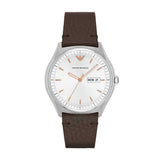 EMPORIO ARMANI ANALOG QUARTZ SILVER STAINLESS STEEL AR1999 BROWN LEATHER STRAP MEN'S WATCH - H2 Hub Watches