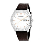 EMPORIO ARMANI ANALOG QUARTZ SILVER STAINLESS STEEL AR1999 BROWN LEATHER STRAP MEN'S WATCH - H2 Hub Watches
