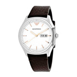EMPORIO ARMANI ANALOG QUARTZ SILVER STAINLESS STEEL AR1999 BROWN LEATHER STRAP MEN'S WATCH - H2 Hub Watches