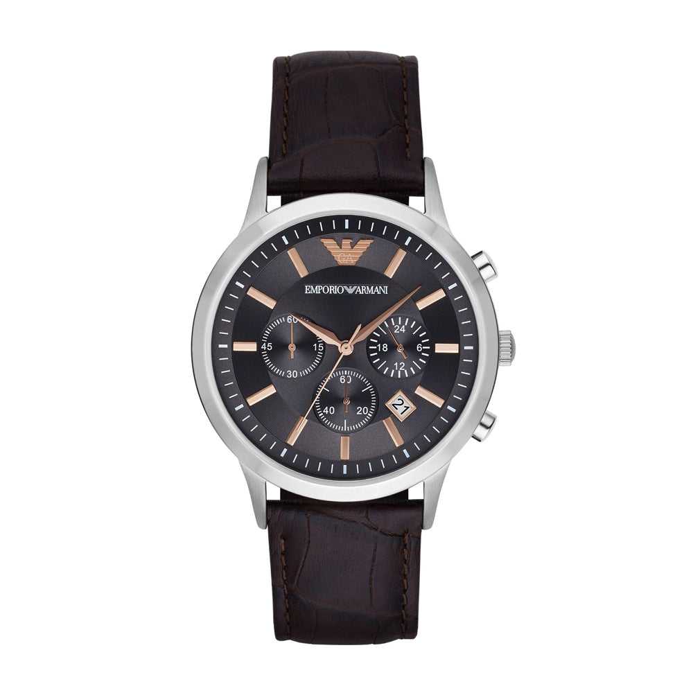 EMPORIO ARMANI CHRONOGRAPH SILVER STAINLESS STEEL AR2513 BROWN LEATHER STRAP MEN'S WATCH - H2 Hub Watches