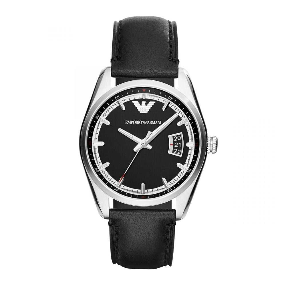 EMPORIO ARMANI SPORTIVO CHRONOGRAPH SILVER STAINLESS STEEL AR6014 BLACK LEATHER STRAP MEN'S WATCH - H2 Hub Watches