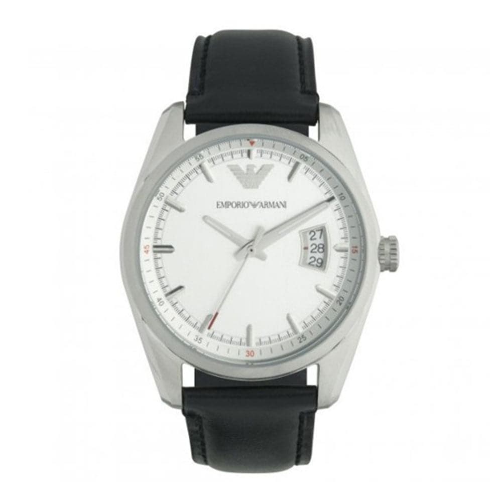 EMPORIO ARMANI SPORTIVO ANALOG QUARTZ SILVER STAINLESS STEEL AR6015 BLACK LEATHER STRAP MEN'S WATCH - H2 Hub Watches