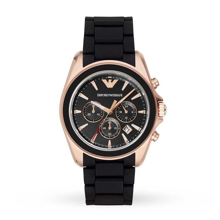 EMPORIO ARMANI CHRONOGRAPH ROSE GOLD STAINLESS STEEL AR6066 BLACK STRAP MEN'S WATCH - H2 Hub Watches