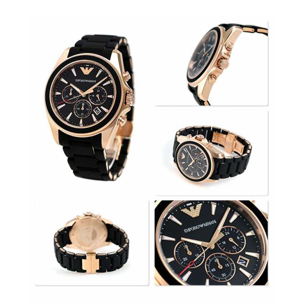 EMPORIO ARMANI CHRONOGRAPH ROSE GOLD STAINLESS STEEL AR6066 BLACK STRAP MEN'S WATCH - H2 Hub Watches