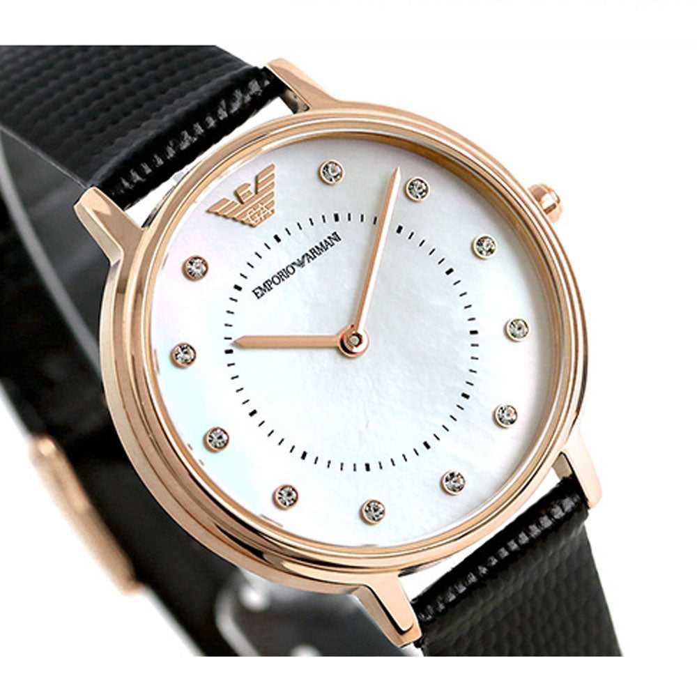 EMPORIO ARMANI ANALOG QUARTZ ROSE GOLD STAINLESS STEEL AR80011 BLACK LEATHER STRAP WOMEN'S WATCH - H2 Hub Watches