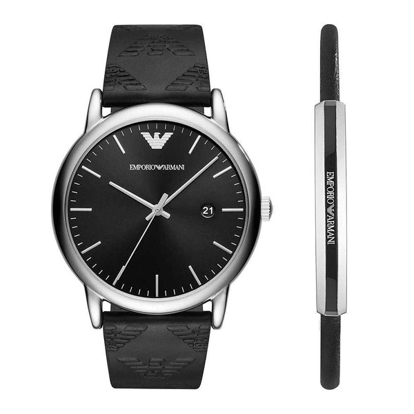 EMPORIO ARMANI ANALOG QUARTZ SILVER STAINLESS STEEL AR80012 BLACK LEATHER STRAP GIFT SET - H2 Hub Watches