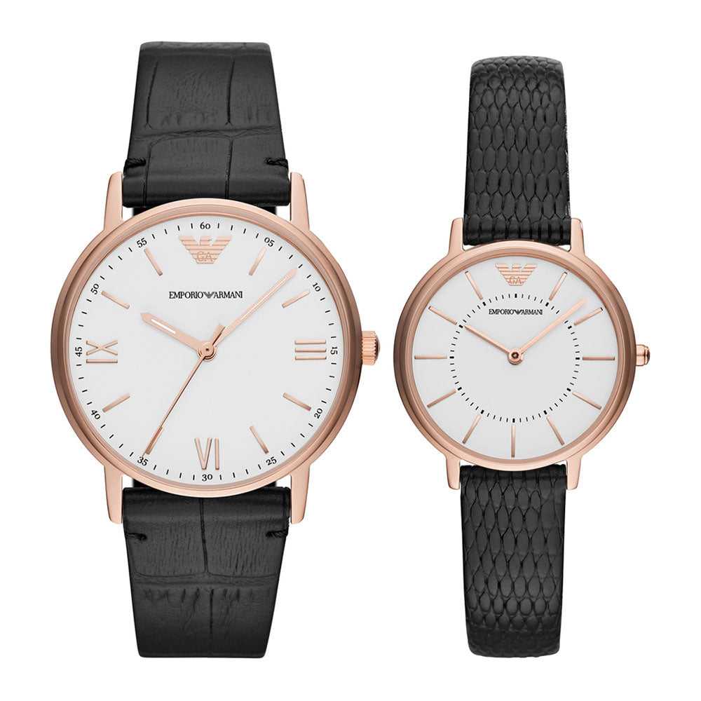 EMPORIO ARMANI ANALOG QUARTZ ROSE GOLD STAINLESS STEEL AR80015 BLACK LEATHER STRAP COUPLE WATCH SET - H2 Hub Watches