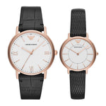 EMPORIO ARMANI ANALOG QUARTZ ROSE GOLD STAINLESS STEEL AR80015 BLACK LEATHER STRAP COUPLE WATCH SET - H2 Hub Watches