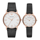 EMPORIO ARMANI ANALOG QUARTZ ROSE GOLD STAINLESS STEEL AR80015 BLACK LEATHER STRAP COUPLE WATCH SET - H2 Hub Watches