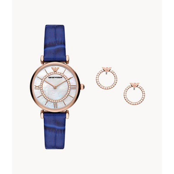 EMPORIO ARMANI TWO-HAND BLUE LEATHER WATCH AND EARRING GIFT SET WOMEN'S WATCH AR80053