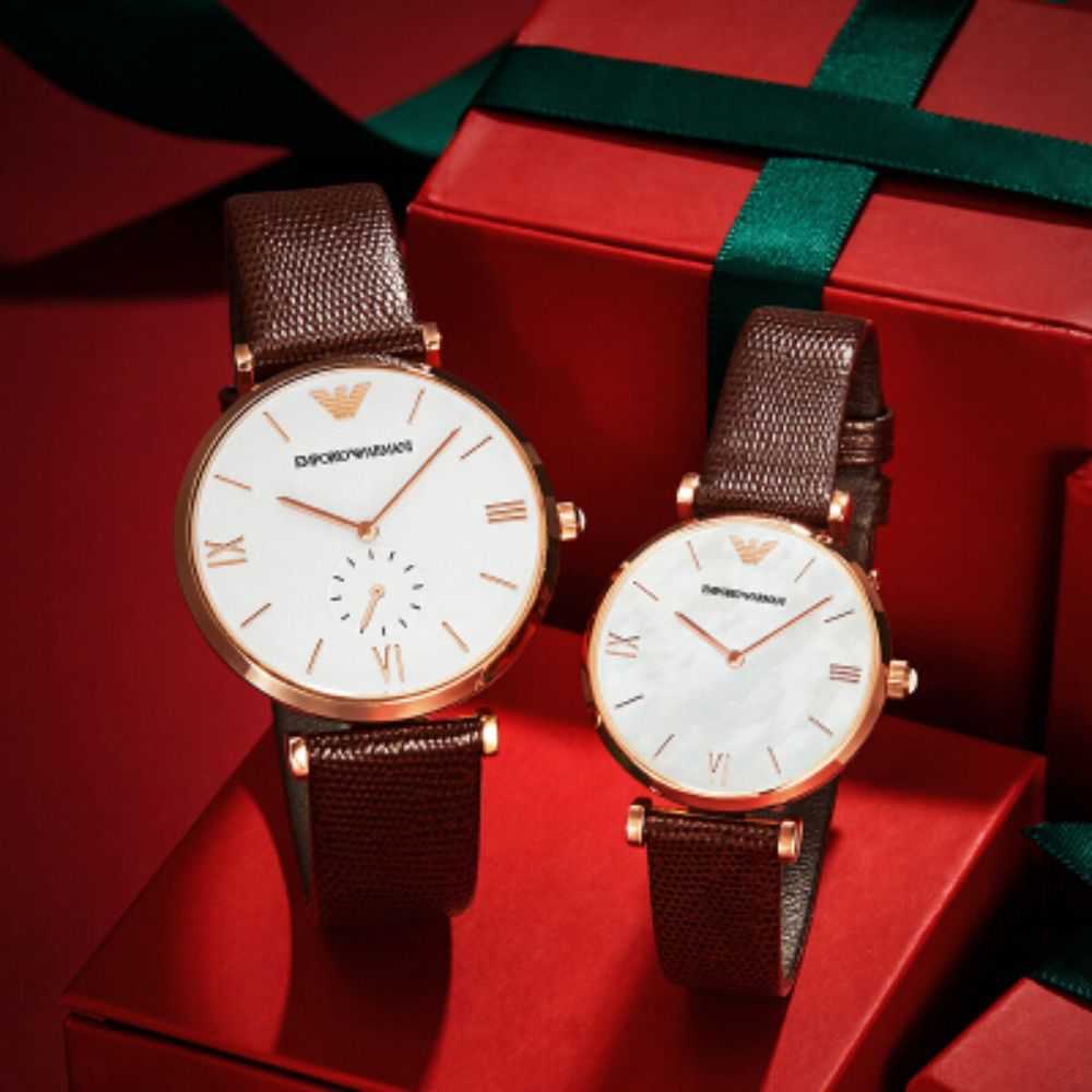EMPORIO ARMANI AR9042 BROWN LEATHER STRAP COUPLE WATCH SET - H2 Hub Watches