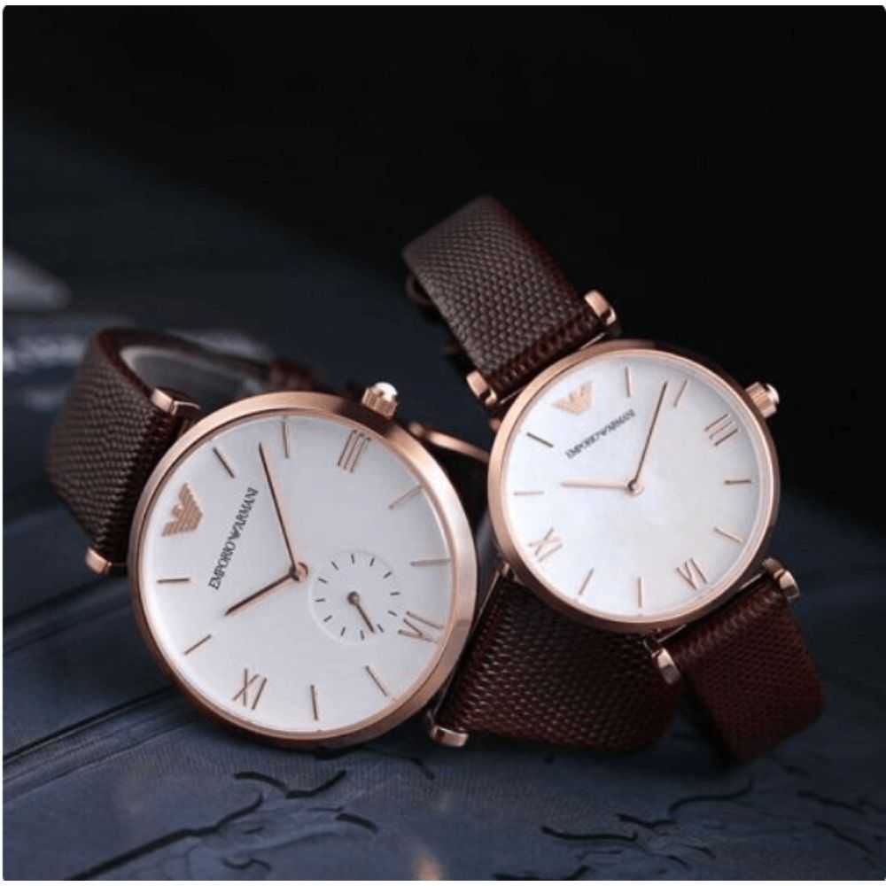 EMPORIO ARMANI AR9042 BROWN LEATHER STRAP COUPLE WATCH SET - H2 Hub Watches