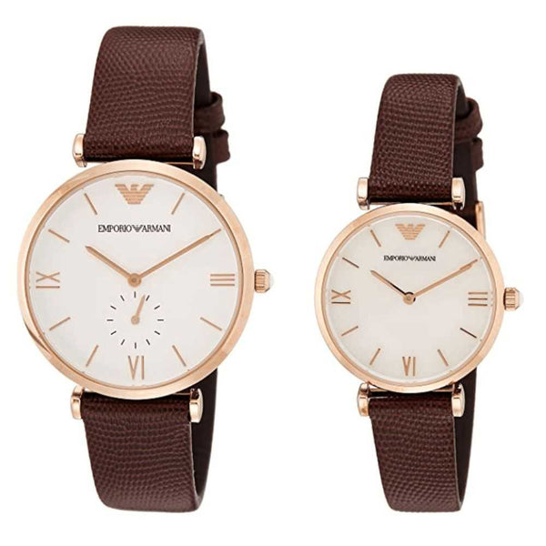 EMPORIO ARMANI AR9042 BROWN LEATHER STRAP COUPLE WATCH SET - H2 Hub Watches