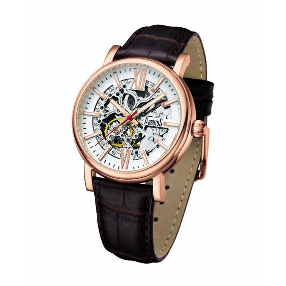 ARBUTUS AUTOMATIC ROSE GOLD STAINLESS STEEL AR911RWF BROWN LEATHER STRAP MEN'S WATCH - H2 Hub Watches