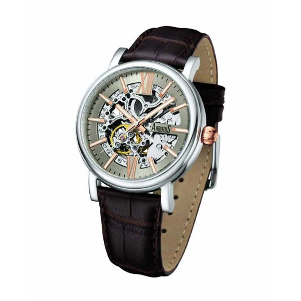 ARBUTUS AUTOMATIC SILVER STAINLESS STEEL AR911SFF BROWN LEATHER STRAP MEN'S WATCH - H2 Hub Watches