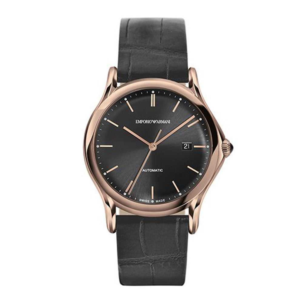 EMPORIO ARMANI CLASSIC ANALOG QUARTZ ROSE GOLD STAINLESS STEEL ARS3003 BLACK LEATHER STRAP MEN'S WATCH - H2 Hub Watches
