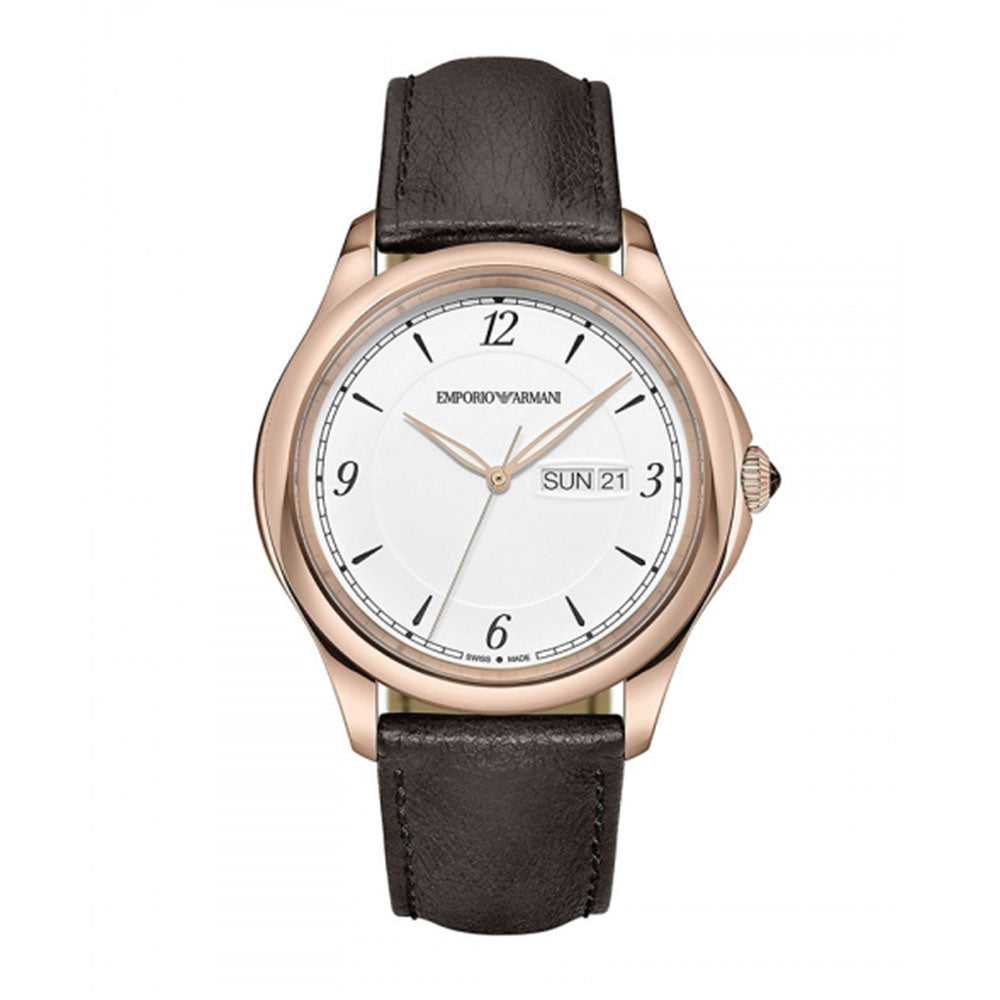 EMPORIO ARMANI AUTOMATIC ROSE GOLD STAINLESS STEEL ARS8601 BROWN LEATHER STRAP MEN'S WATCH - H2 Hub Watches