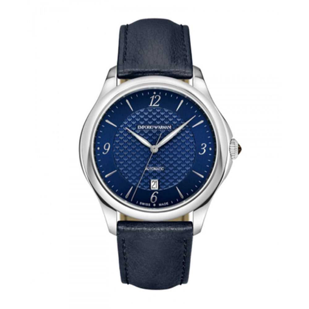 EMPORIO ARMANI AUTOMATIC SILVER STAINLESS STEEL ARS8650 BLUE LEATHER STRAP MEN'S WATCH - H2 Hub Watches