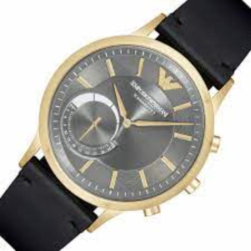 EMPORIO ARMANI CONNECTED AUTOMATIC GOLD STAINLESS STEEL ART3006 BLACK LEATHER STRAP HYBRID SMARTWATCH