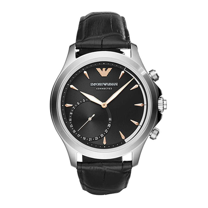 EMPORIO ARMANI CONNECTED ANALOG QUARTZ SILVER STAINLESS STEEL ART3013 BLACK LEATHER STRAP HYBRID SMARTWATCH - H2 Hub Watches