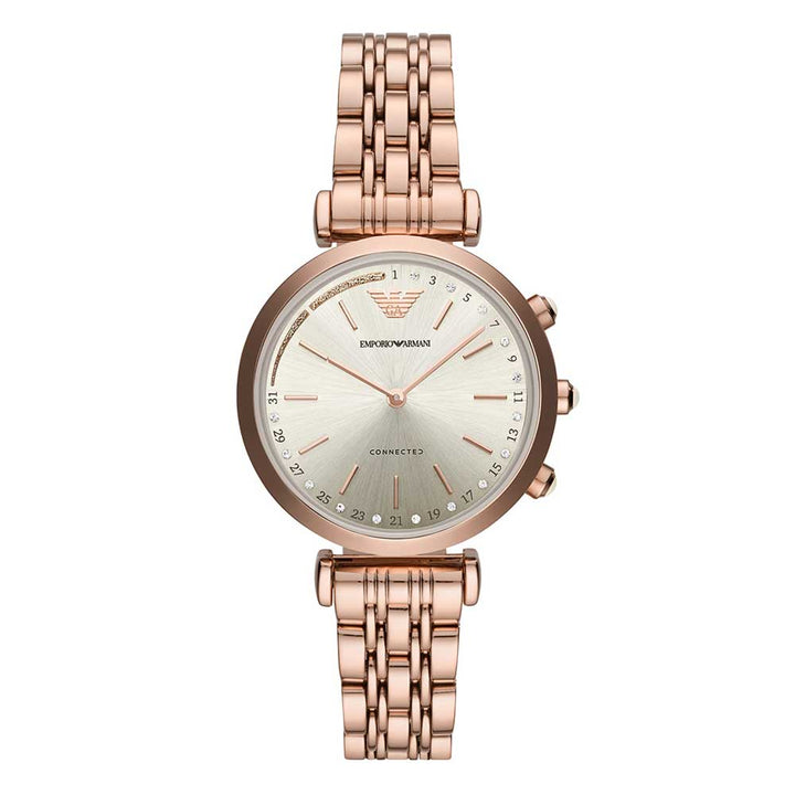 EMPORIO ARMANI ANALOG QUARTZ ROSE GOLD STAINLESS STEEL ART3026 BLACK LEATHER STRAP HYBRID SMARTWATCH - H2 Hub Watches