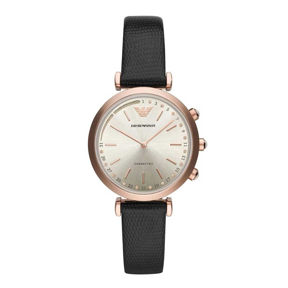 EMPORIO ARMANI ANALOG QUARTZ GUNMETAL STAINLESS STEEL ART3027 BLACK LEATHER STRAP HYBRID SMARTWATCH - H2 Hub Watches