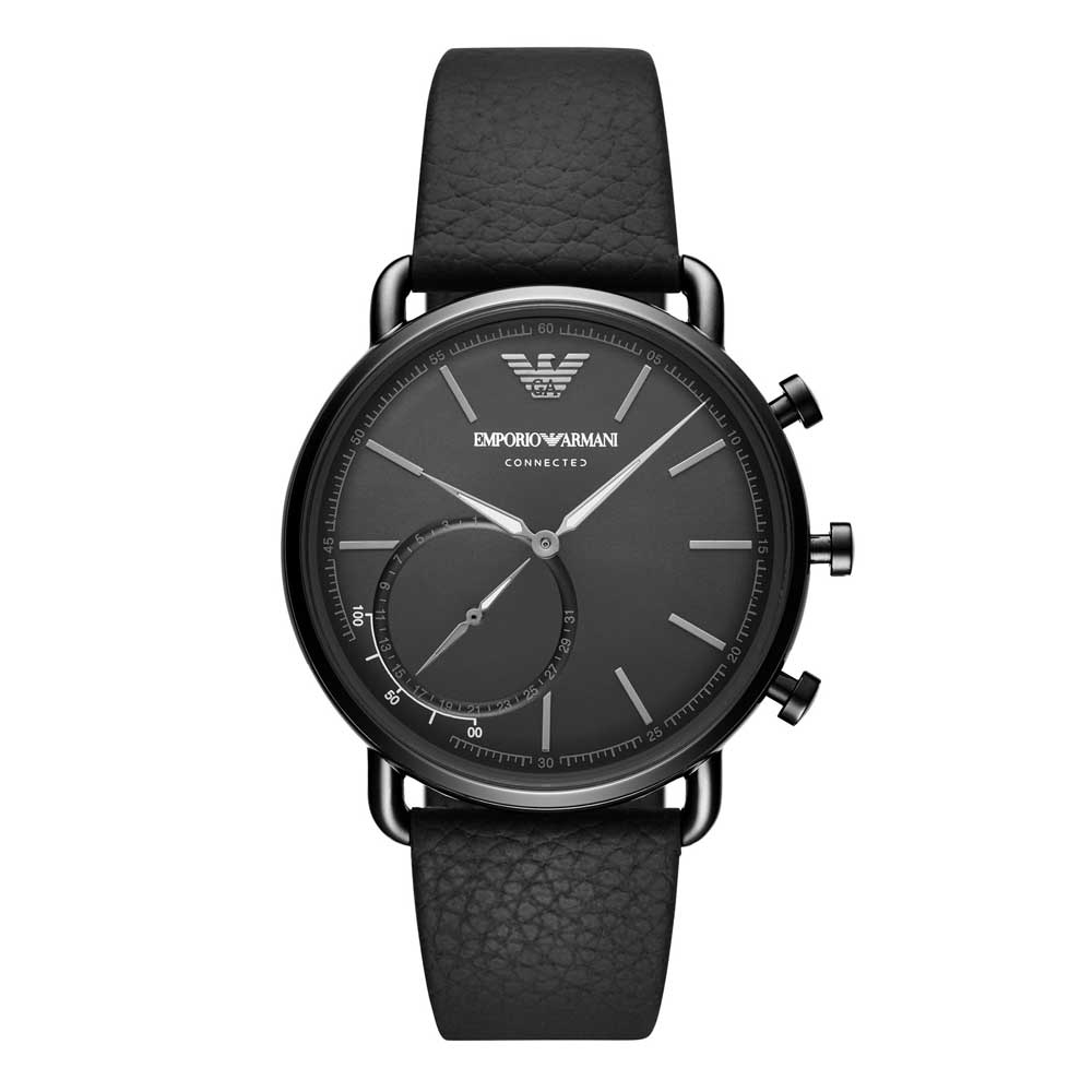 EMPORIO ARMANI ANALOG QUARTZ BLACK STAINLESS STEEL ART3030 BROWN LEATHER STRAP HYBRID SMARTWATCH - H2 Hub Watches