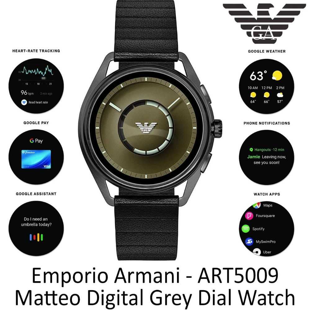 EMPORIO ARMANI ANALOG QUARTZ GUNMETAL STAINLESS STEEL ART5009 BLACK LEATHER STRAP SMARTWATCH - H2 Hub Watches