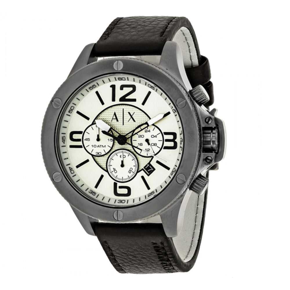ARMANI EXCHANGE CHRONOGRAPH SILVER STAINLESS STEEL AX1519 BLACK LEATHER STRAP MEN'S WATCH - H2 Hub Watches