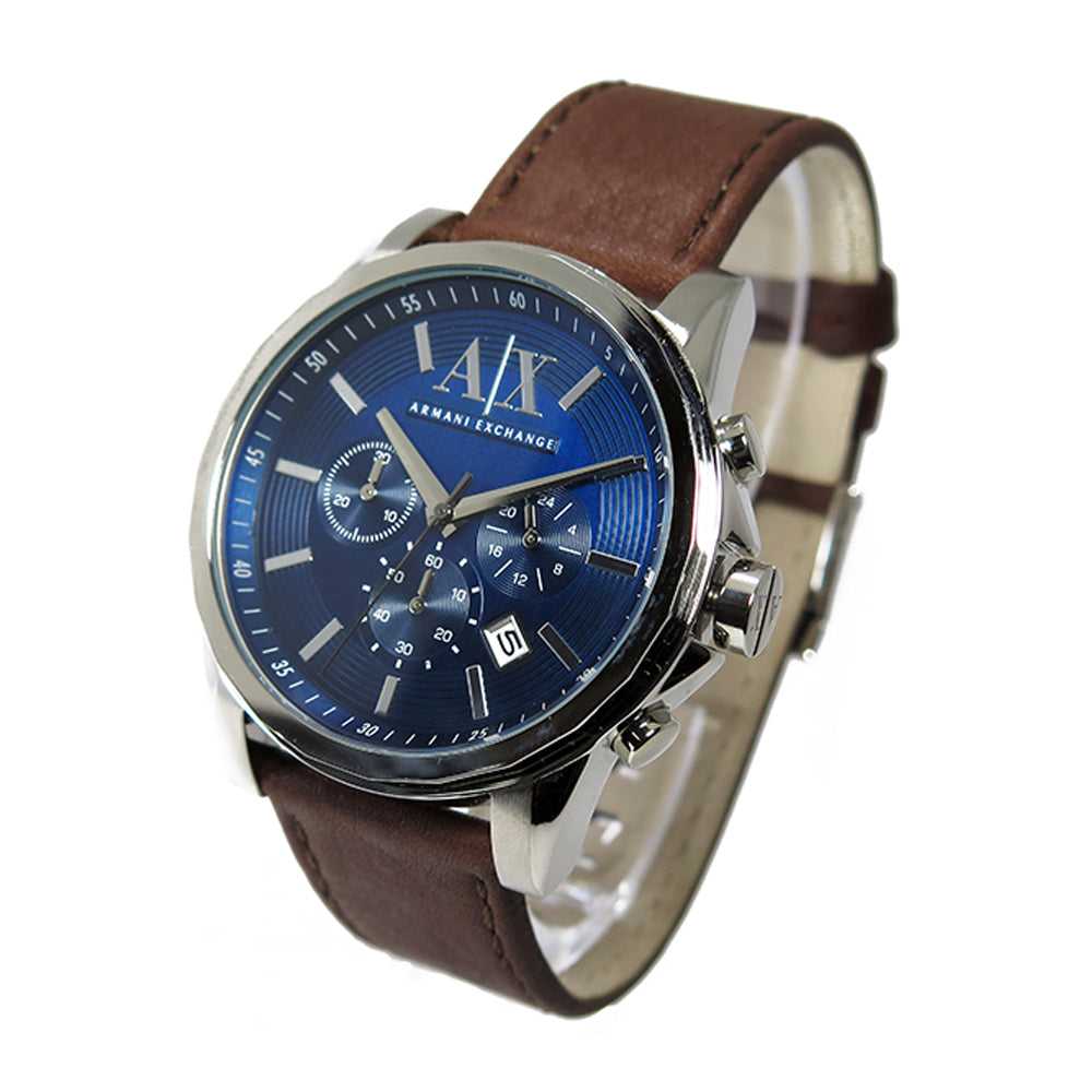 ARMANI EXCHANGE CHRONOGRAPH SILVER STAINLESS STEEL AX2501 BROWN LEATHER STRAP MEN'S WATCH - H2 Hub Watches
