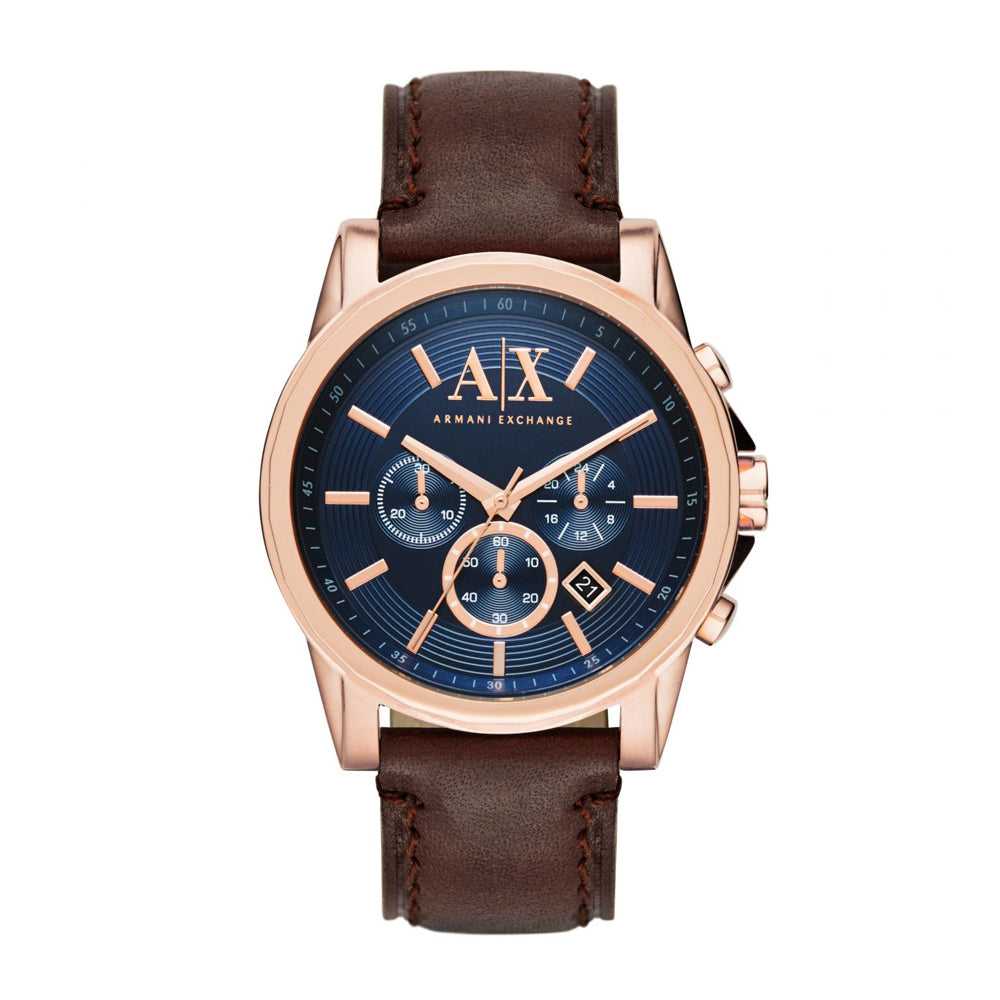 ARMANI EXCHANGE CHRONOGRAPH ROSE GOLD STAINLESS STEEL AX2508 BROWN LEATHER STRAP MEN'S WATCH - H2 Hub Watches
