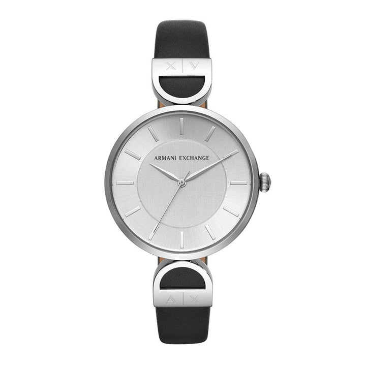 ARMANI EXCHANGE ANALOG QUARTZ SILVER STAINLESS STEEL AX5323 BLACK LEATHER STRAP WOMEN'S WATCH - H2 Hub Watches