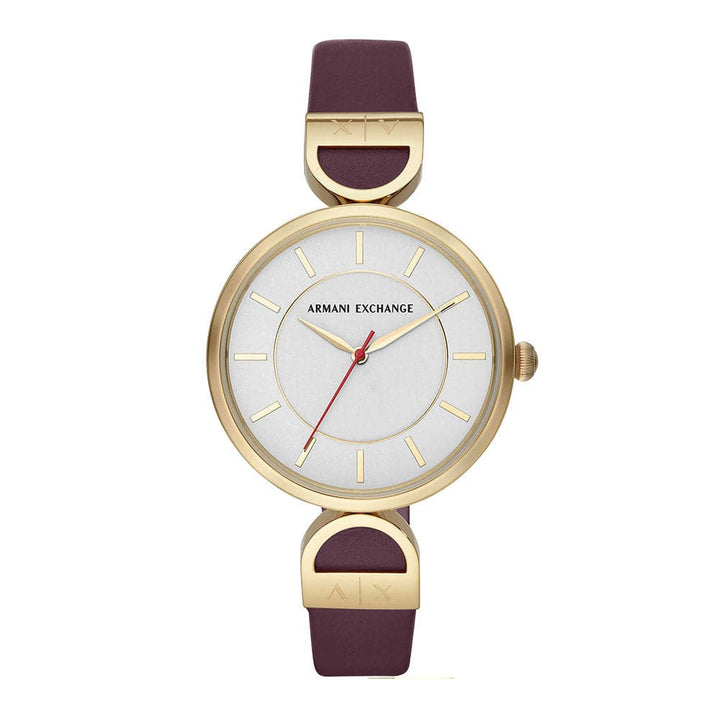 ARMANI EXCHANGE ANALOG QUARTZ GOLD STAINLESS STEEL AX5326 PURPLE LEATHER STRAP WOMEN'S WATCH - H2 Hub Watches