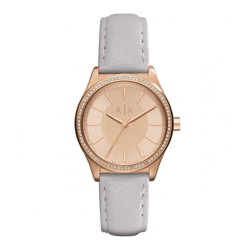 ARMANI EXCHANGE ANALOG QUARTZ ROSE GOLD STAINLESS STEEL AX5444 GREY LEATHER STRAP WOMEN'S WATCH - H2 Hub Watches