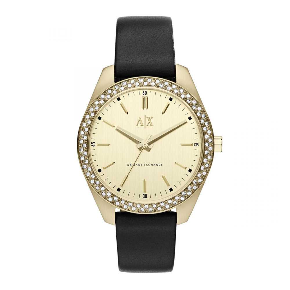 ARMANI EXCHANGE ANALOG QUARTZ GOLD STAINLESS STEEL AX5507 BLACK LEATHER STRAP WOMEN'S WATCH - H2 Hub Watches
