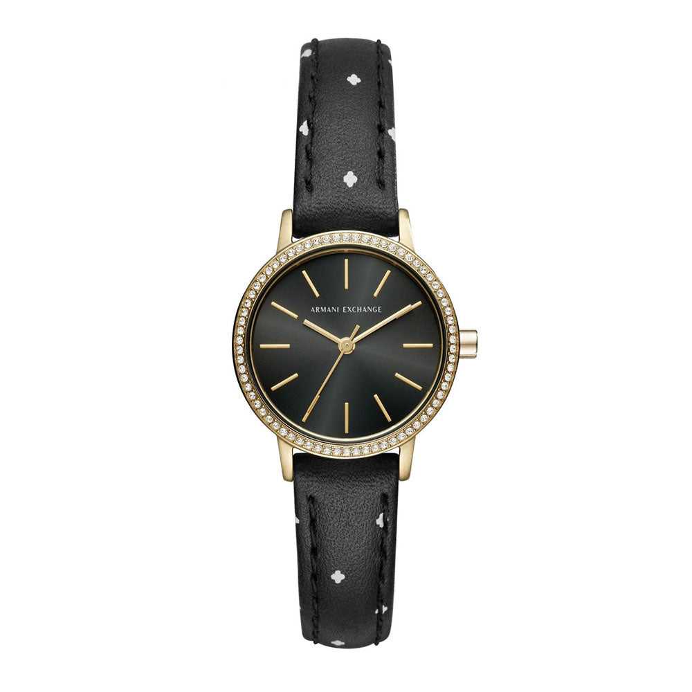 ARMANI EXCHANGE GOLD STAINLESS STEEL AX5543 BLACK LEATHER STRAP WOMEN'S WATCH - H2 Hub Watches