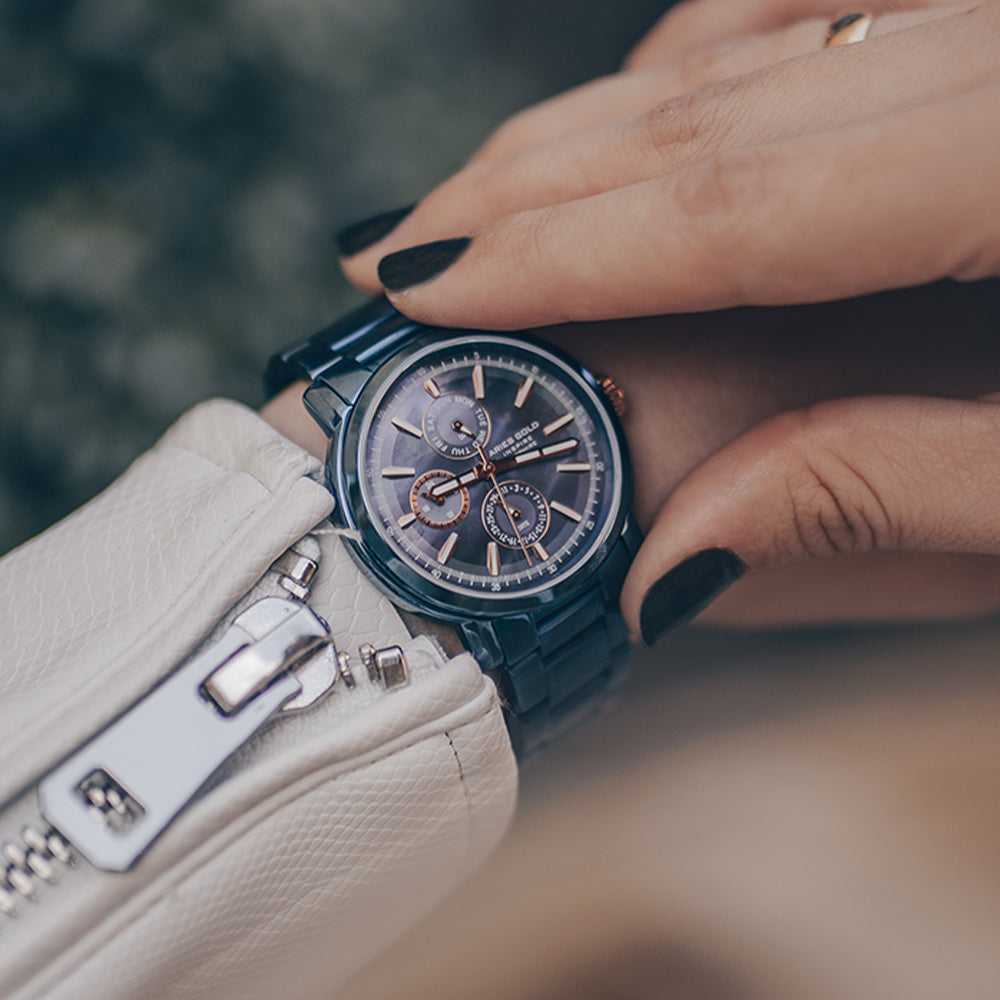 ARIES GOLD CHRONOGRAPH INSPIRE CONTENDER BLUE STAINLESS STEEL B 7302 BU-BURG WOMEN'S WATCH - H2 Hub Watches
