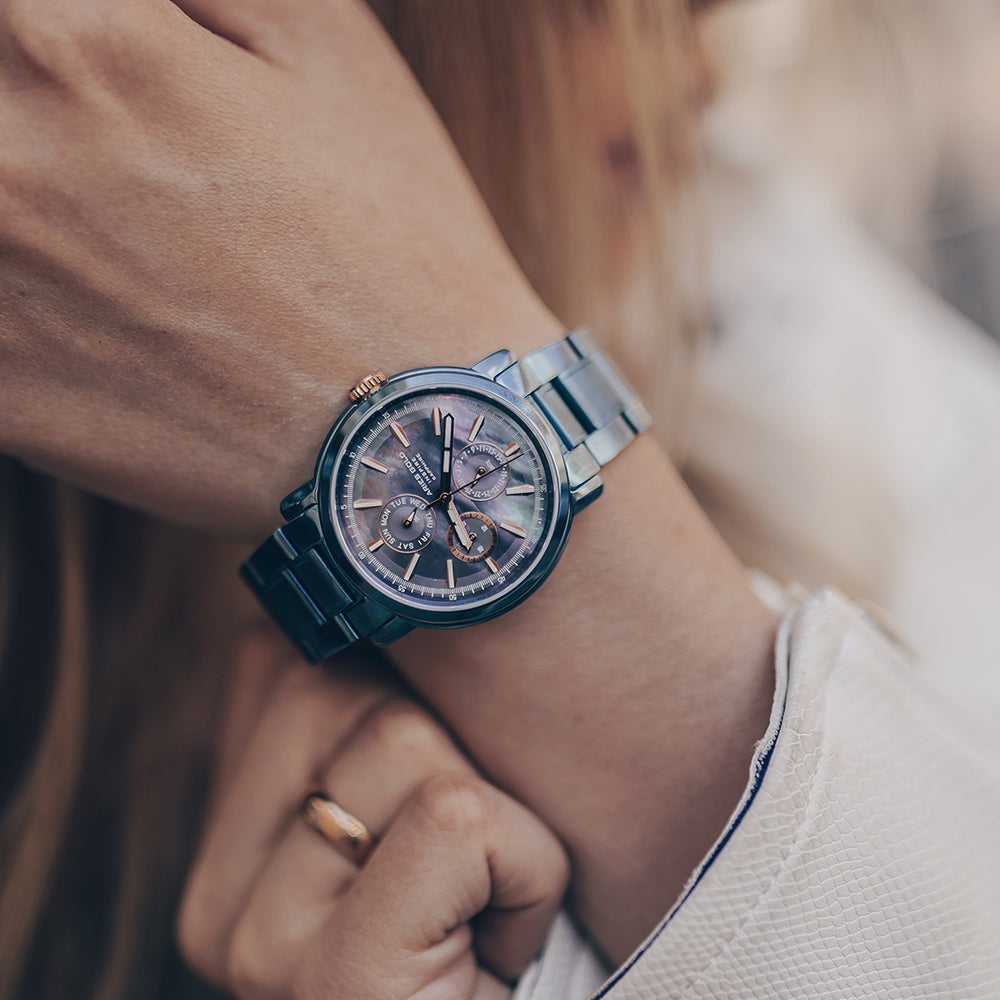 ARIES GOLD CHRONOGRAPH INSPIRE CONTENDER BLUE STAINLESS STEEL B 7302 BU-BURG WOMEN'S WATCH - H2 Hub Watches