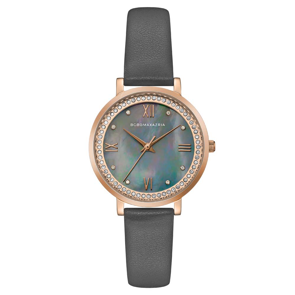 BCBGMAXAZRIA QUARTZ ROSE GOLD STAINLESS STEEL BG50665004 GREY LEATHER STRAP WOMEN'S WATCH - H2 Hub Watches